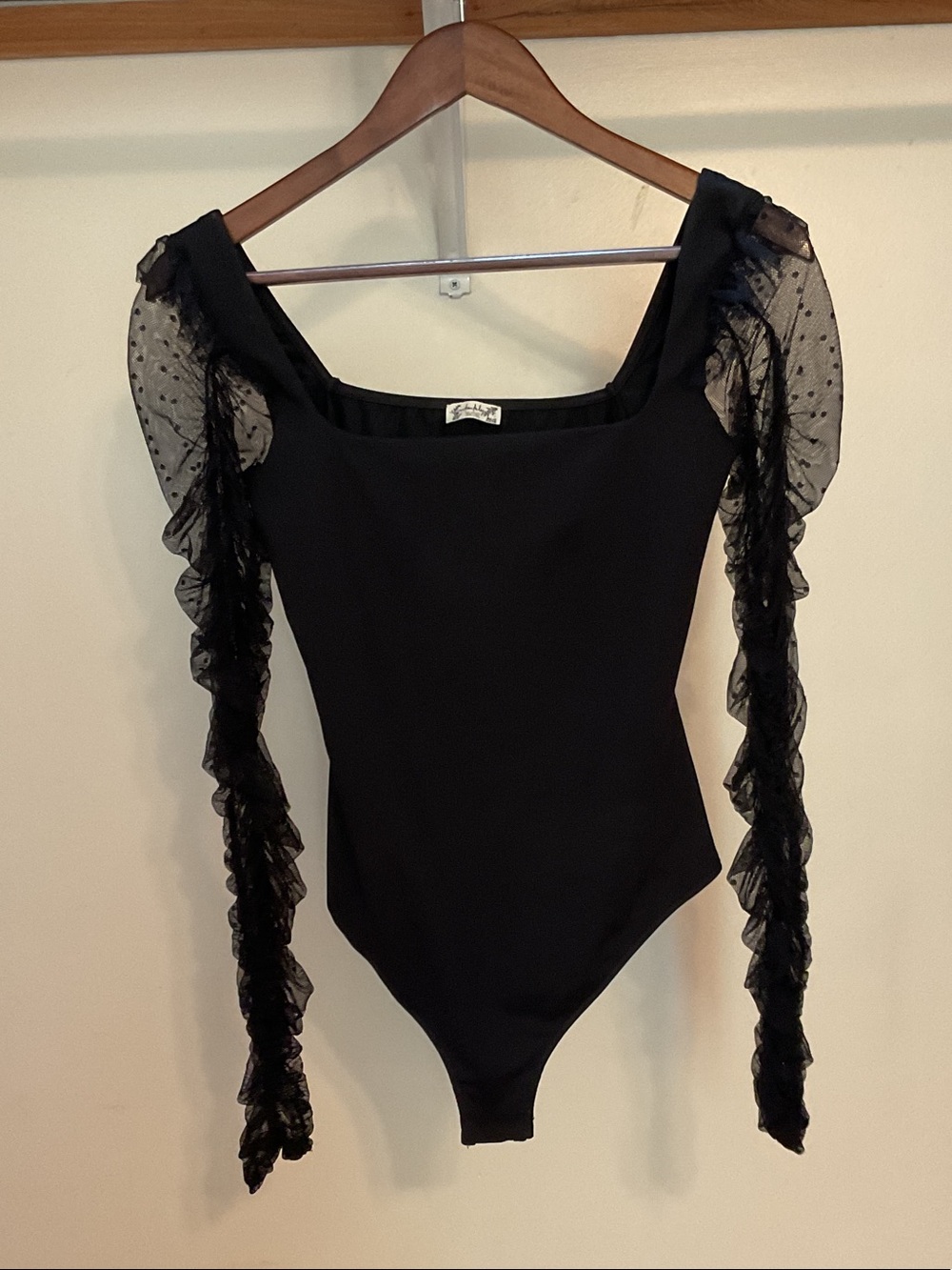 Free People Black Sheer Ruffle Sleeve Bodysuit